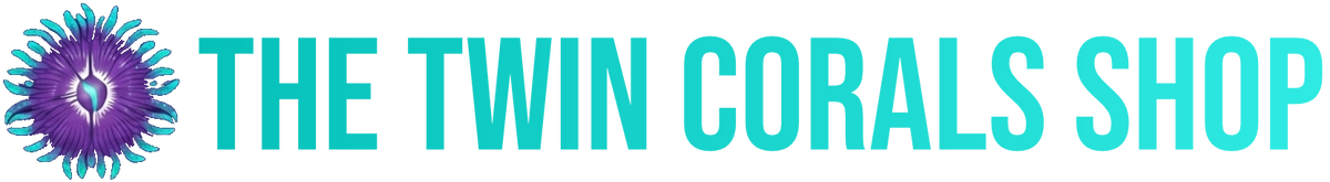 A logo-style graphic on a white background featuring a purple and teal circular emblem on the left and the words 'THE TWIN CORALS SHOP' in teal sans-serif text across the center.